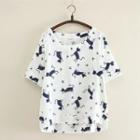 Elbow-sleeve Cat Print T-shirt White - One Size