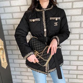 Tweed-trim Quilting Jacket & Belt