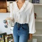 Balloon-sleeve Lace-trim Pintuck Blouse Ivory - One Size