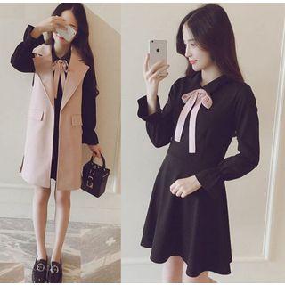Set: Bow Accent Long-sleeve A-line Dress + Open Front Long Vest