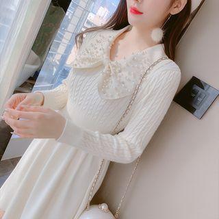 Long-sleeve Faux Pearl Collar Knit Midi A-line Dress