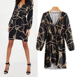 Printed Long-sleeve Tie-waist Mini A-line Dress