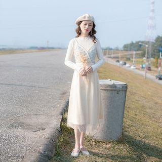 Set: Mock Neck Knit Top + Spaghetti Strap Midi Mesh Dress