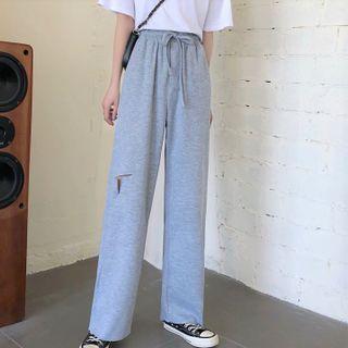 Distressed Plain Wide-leg Pants