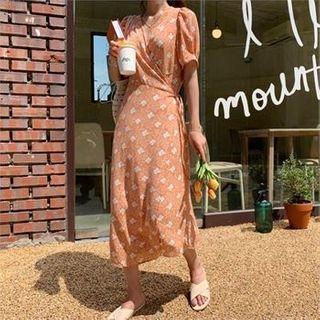 Puff-sleeve Floral Long Wrap Dress Orange - One Size