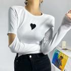 Long-sleeve Heart Embroidered Cut-out T-shirt