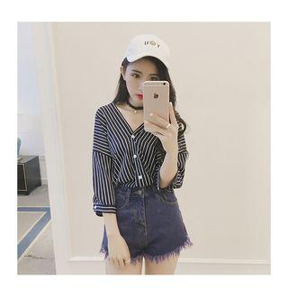 Pinstripe V-neck Elbow-sleeve Blouse