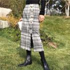 Fray-trim Plaid Buttoned Midi Skirt