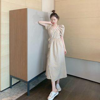 Short-sleeve Gingham Check Midi Wrap Dress