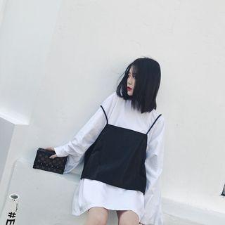 Set: Long-sleeve T-shirt Dress + Faux-leather Camisole Top