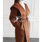 Open-front Hooded Wool Blend Coat With Sash