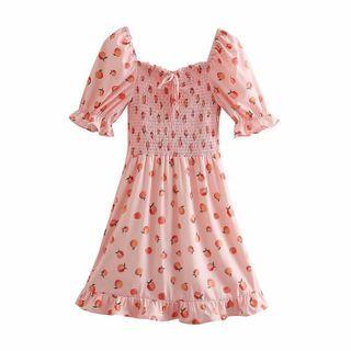 Short-sleeve Peach Print Mini A-line Dress