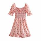Short-sleeve Peach Print Mini A-line Dress
