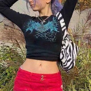 Printed Rhinestone Cropped Long Sleeve Top