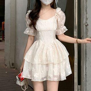 Puff-sleeve Square-neck Ruched Layered Dress