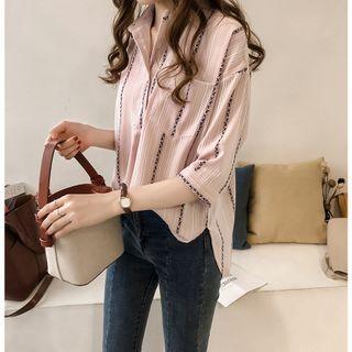 Striped Half-placket Elbow-sleeve Shirt
