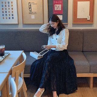 Contrast-collar Double-breasted Blouse