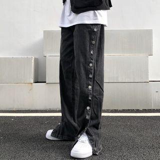 Snap Button Side Split Wide-leg Jeans