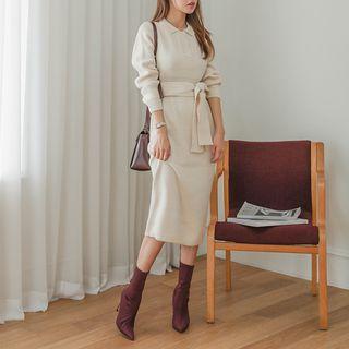 Knit Midi Polo Dress With Sash