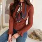 Frilled-sleeve Rib-knit Top Red Brown - One Size