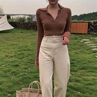 Collared Knit Top Brick Red - One Size