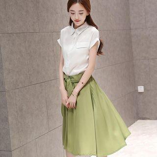 Set: Short-sleeve Blouse + A-line Midi Skirt