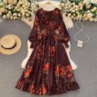 Floral Long-sleeve Midi A-line Dress Dark Brown - One Size