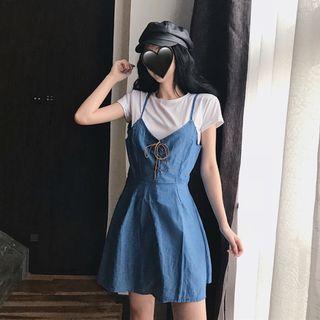 Set: Short-sleeve T-shirt + Spaghetti Strap Denim Mini Dress Tshirt - White - One Size / Dress - Blue - One Size