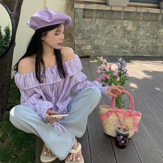 Off-shoulder Plaid Blouse Violet - One Size