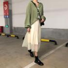 Long-sleeve Open-collar Top / Midi A-line Skirt / Set