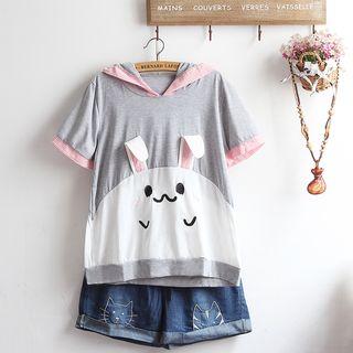 Rabbit Applique Short Sleeve Hooded T-shirt