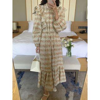 Long-sleeve Floral Midi A-line Dress Floral - Coffee & Beige - One Size