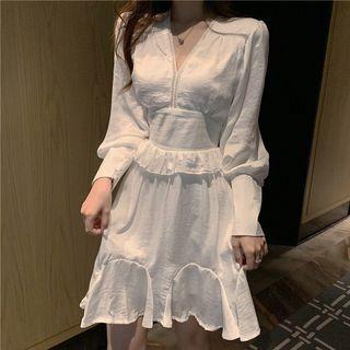Ruffle Trim Long-sleeve A-line Dress White - One Size