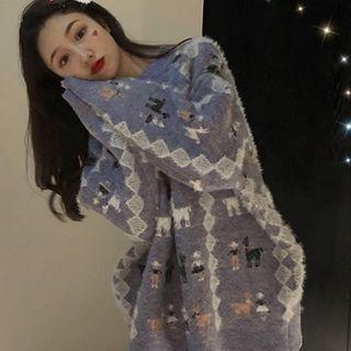 Patterned Sweater Purplish Blue - One Size