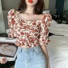 Floral Print Puff-sleeve Cropped Blouse Shirt - One Size