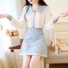 Set: Long-sleeve Blouse + Mini Tweed Skirt