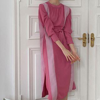 Color-block Crewneck Long-sleeve Dress