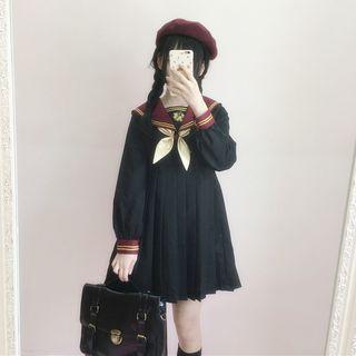 Contrast-trim Bow-accent Pleated A-line Dress