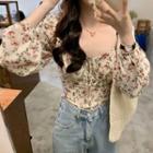 Floral Square-neck Puff-sleeve Shirt