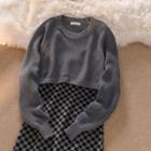 Long-sleeve Round Neck Plain Sweater / Plaid Strap Dress