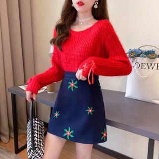 Set: Lace-up Sweater + Embroidered Skirt