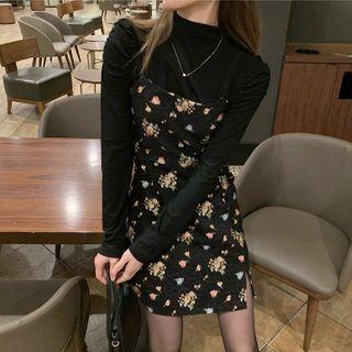 Spaghetti Strap Floral Print Mini Dress / Long-sleeve Mock-neck Top