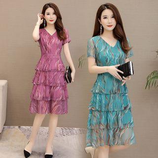 Printed Short-sleeve Layered Midi A-line Chiffon Dress