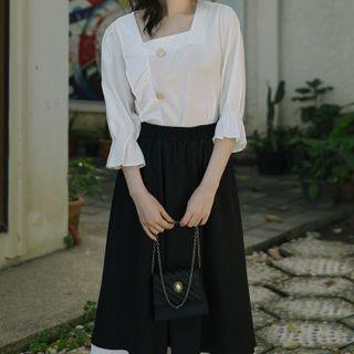Set: 3/4-sleeve Frill Trim Blouse + A-line Midi Skirt