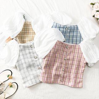 Boatneck Pearl-button Checked Blouse