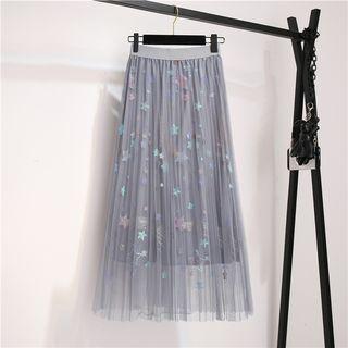 Star Sequined Mesh Overlay A-line Midi Skirt