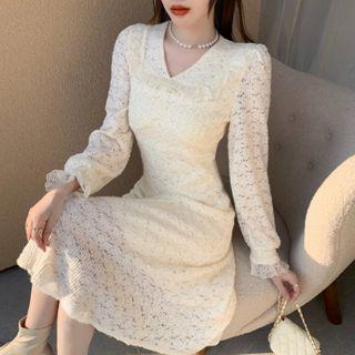 Long-sleeve V-neck Panel Lace Dress