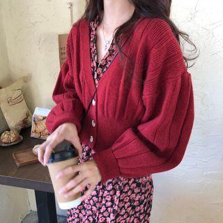 Flower Print Long-sleeve Midi A-line Dress / Lantern-sleeve Cardigan