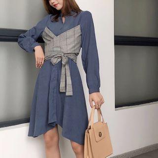 Mock Two-piece Puff-sleeve Plaid Shirtdress