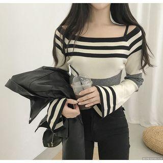 Striped Boatneck Bell-sleeve Sweater Stripes - Black - One Size